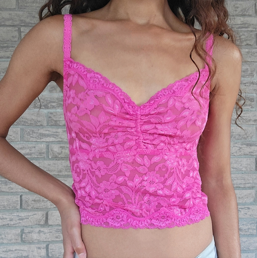 00s Pink Sheer Floral Lace Cami Crop Top